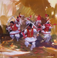 Mariam Mughal, Khattak Dance, 48 x 48, Oil on Canvas, Figurative Painting, AC-MRM-001